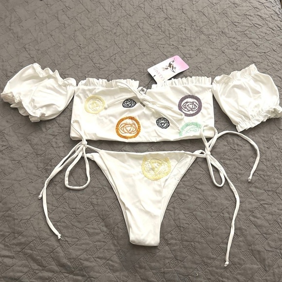 Oceanus x CINTA White Chakra Full Bikini M Hand Beaded Off-Shoulder Swimwear NWT - Picture 2 of 13